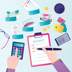 Smart man calculating and planning personal budget, financial planner. Male character thinking about earnings and spendings. Distribution of funds for various expenses.