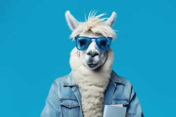 llama in glasses on blue background, Generative AI