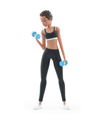 3d sporty character woman doing fitness with dumbbell