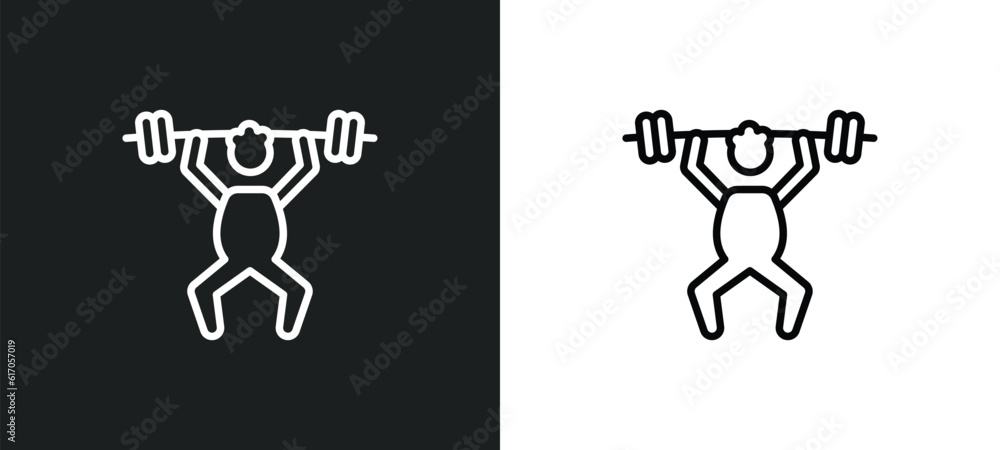 Poster man lifting bar line icon in white and black colors. man lifting bar flat vector icon from man lifti