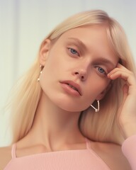 A romantic portrait of a beautiful woman with golden blond hair, pouty pink lips, and a stunning makeover reveals her inner beauty and passion for fashion