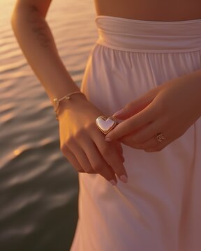 On a sun-soaked beach, a woman in a white dress radiates love as she grasps a heart-shaped ring, a reminder of the romance that awaits her