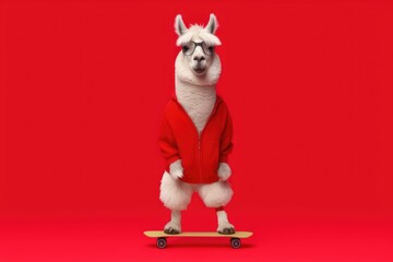 llama skaiting on the skateboard on red background, Generative AI