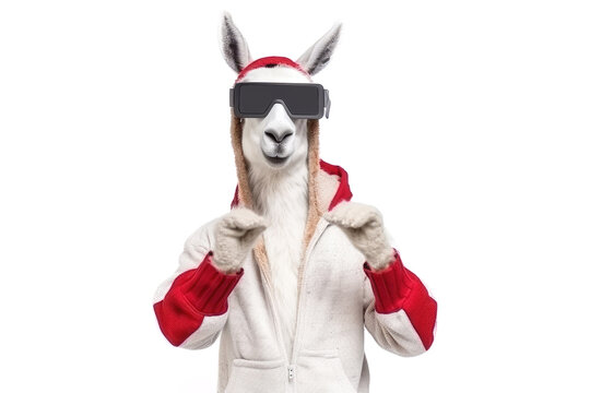 llama in VR glasses on white background, Generative AI