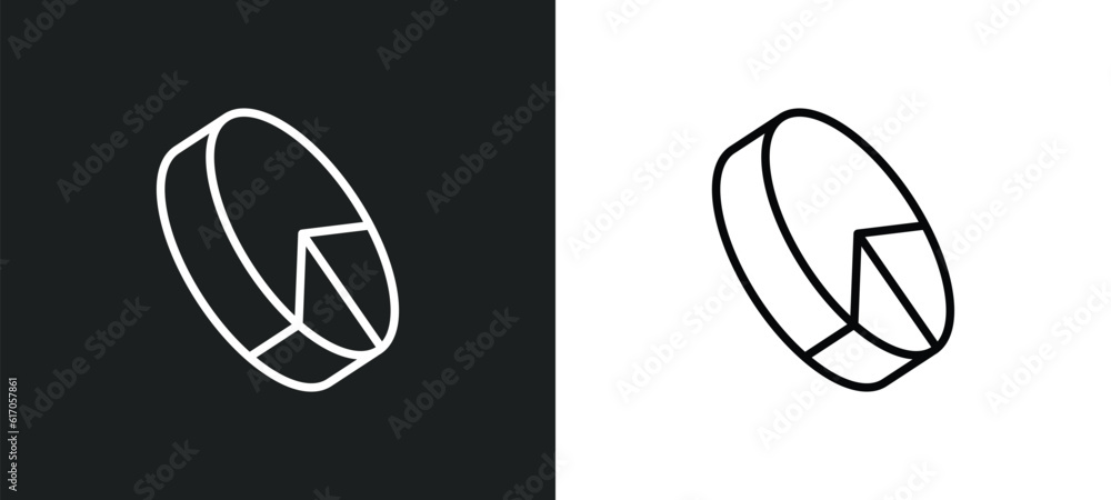 Poster 3d pie chart line icon in white and black colors. 3d pie chart flat vector icon from 3d pie chart co