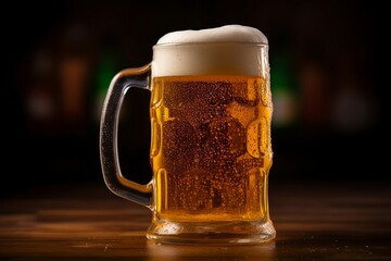 A glass of light beer with a high foam on the table. Refreshing drink. Generative AI.