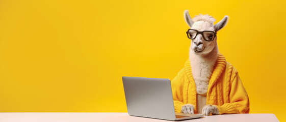 llama with laptop on yellow background, Generative AI