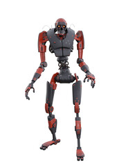 Futuristic robot mechanical soldier droid with grey and red metal body in standing pose. 3D illustration.