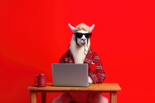 llama with laptop on red background, Generative AI