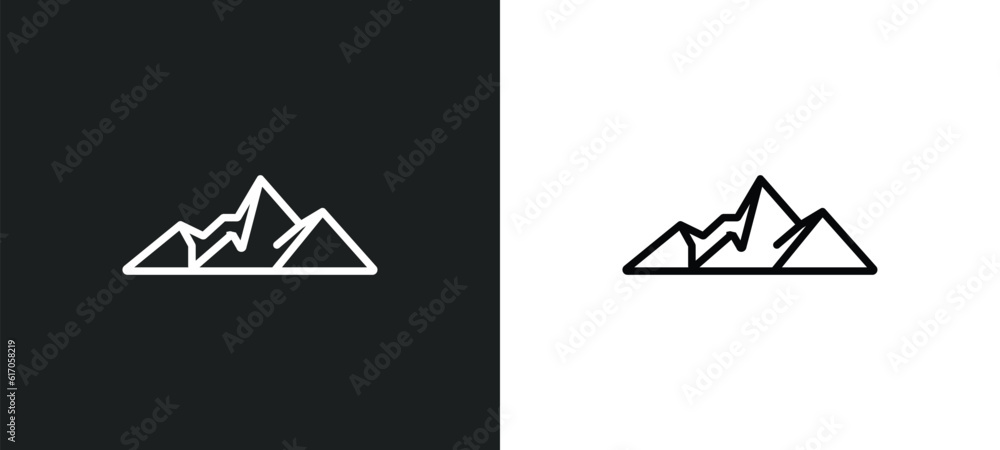 Poster image with mountains line icon in white and black colors. image with mountains flat vector icon from