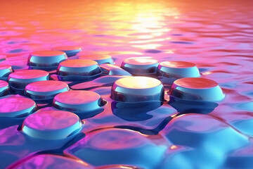 3d render, abstract geometric background. Colorful iridescent panels joined to white rocks levitate above the water. AI generative