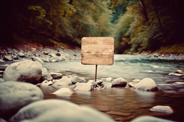 a wooden sign sitting on the side of a river next to a lush green forest filled with rocks and trees
