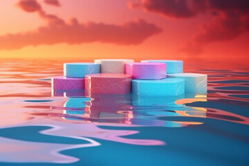 3d render, abstract geometric background. Colorful iridescent panels joined to white rocks levitate above the water. AI generative