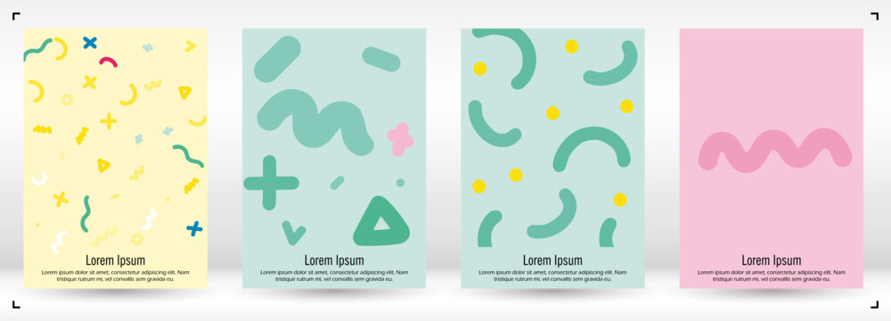 Abstract Minimal Vector Background in Trendy Doodle Style.   Vibrant Graphic Print with Dynamic Lines and Geometric Shapes.  Set of Vivid Poster 80s - 90s Design for Landing Page, Cover, Brochure.