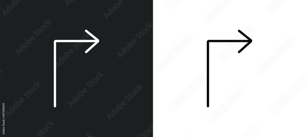 Poster right arrow with turn line icon in white and black colors. right arrow with turn flat vector icon fr