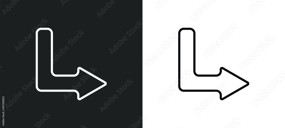 Poster down right arrow line icon in white and black colors. down right arrow flat vector icon from down ri