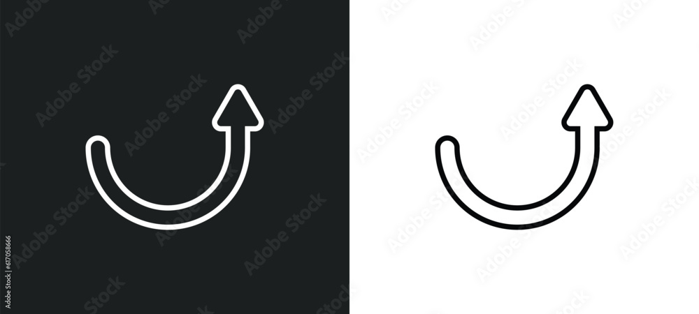 Poster curved up arrow line icon in white and black colors. curved up arrow flat vector icon from curved up