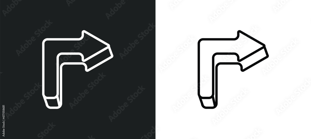 Poster 3d turn right arrow line icon in white and black colors. 3d turn right arrow flat vector icon from 3