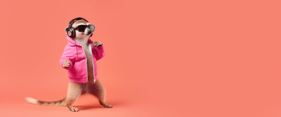 Obraz premium meerkat in headphones on pink background, Generative AI