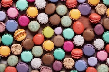 A collection of colorful macaroon on table, gift, pattern. AI generative