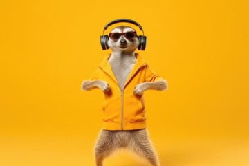 meerkat in headphones on yellow background, Generative AI