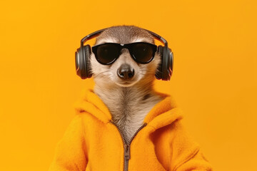 Fototapeta premium meerkat in headphones on yellow background, Generative AI