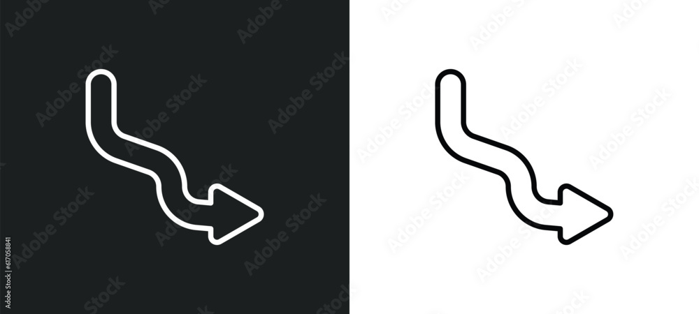 Poster curve right arrow line icon in white and black colors. curve right arrow flat vector icon from curve
