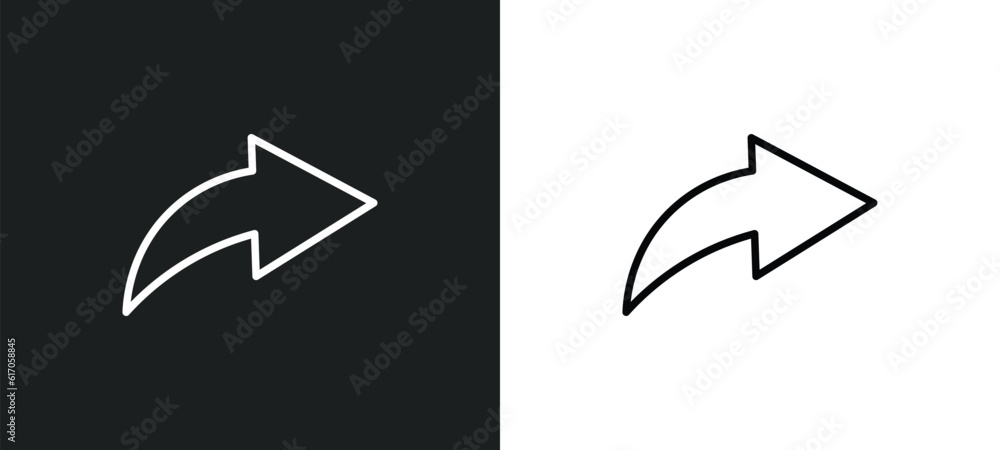 Poster right curve arrow line icon in white and black colors. right curve arrow flat vector icon from right