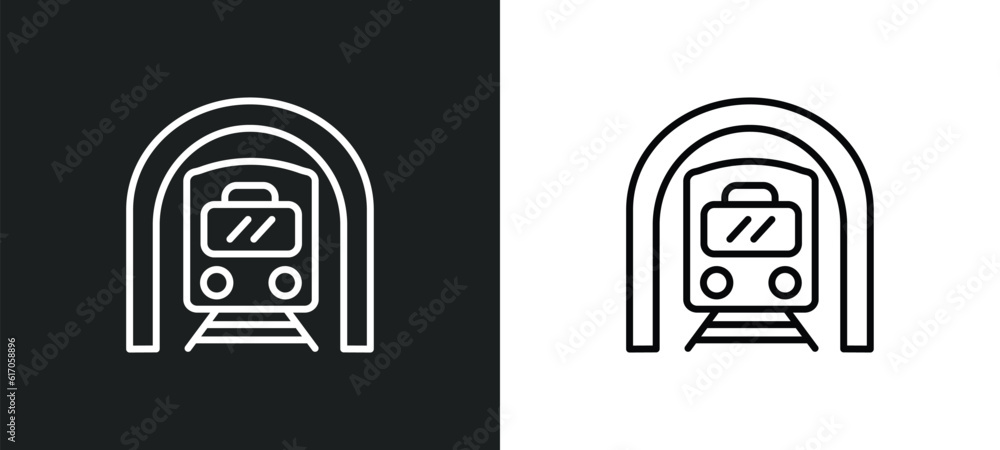 Poster train in a tunnel line icon in white and black colors. train in a tunnel flat vector icon from train