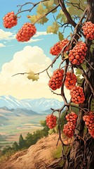 Mulberries fruits vintage art illustration. Natural eco food design. Generative AI