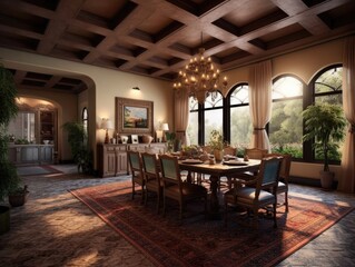 Fototapeta na wymiar Wide angle view of dining room in Mediterranean style and dining sets, view outside through arched windows. Generative AI