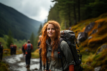 Naklejka premium Portrait of a smiling red haired woman climbing