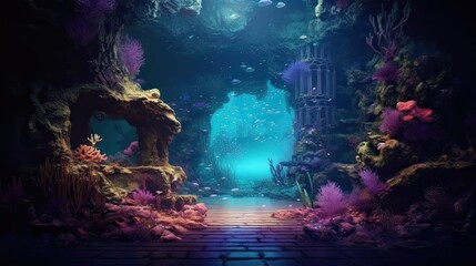An ethereal underwater cave with bioluminescent creatures and shimmering underwater light. Colorful illustration art. Generative AI
