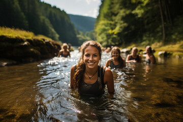 Women swimming in a wild river