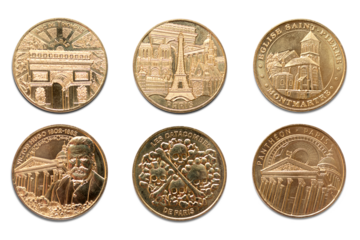 Paris, France. Paris coins. Tourist attractions and celebrities engraved in golden metal. Arc de Triomphe, Eifel Tower, Montmartre, The Catacombs, Victor Hugo and Pantheon. Transparent background. 