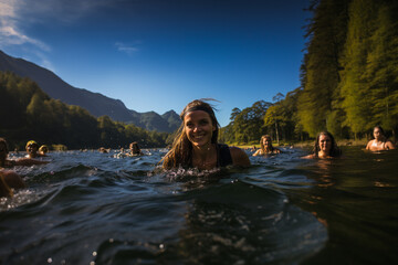 Group of women swimming in a wild river