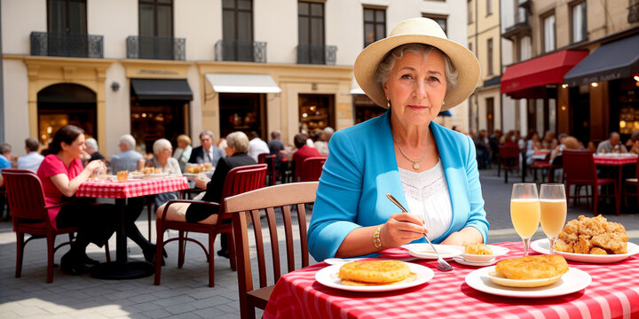 An old woman or grandmother with gray hair is sitting at a table in a street restaurant against the background of an old European city on a sunny day in summer. Generative AI.