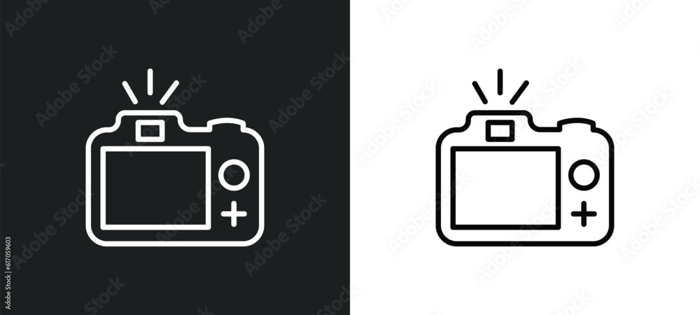 Poster camera with flash line icon in white and black colors. camera with flash flat vector icon from camer