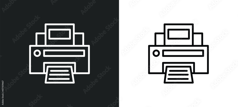Poster blank paper and printer line icon in white and black colors. blank paper and printer flat vector ico