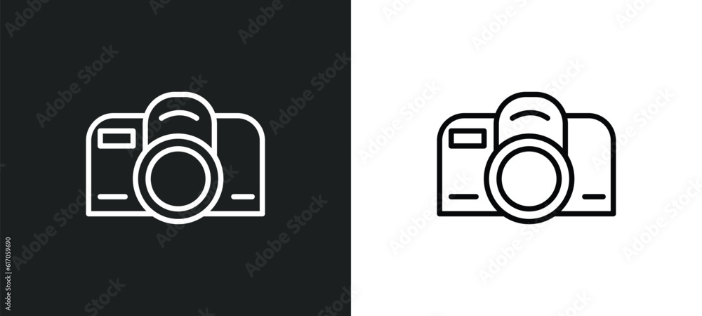 Poster reflex photo camera line icon in white and black colors. reflex photo camera flat vector icon from r