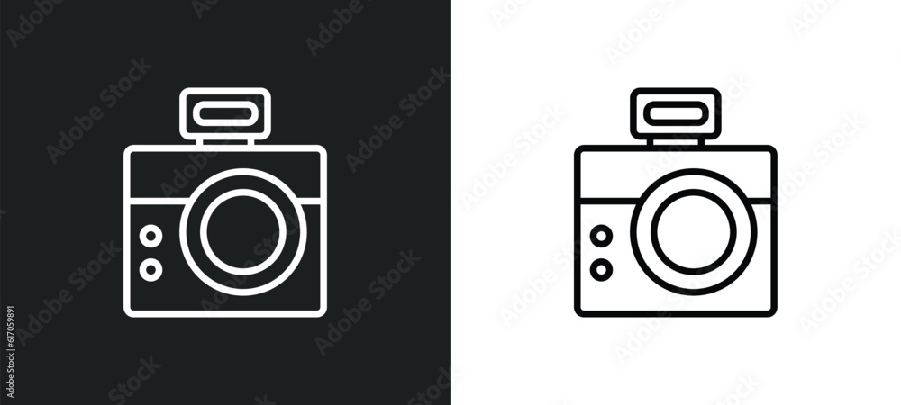 Poster retro squared camera line icon in white and black colors. retro squared camera flat vector icon from