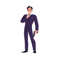Secret agent cartoon vector isolated illustration on white background, tall elegant man in suit with bow tie stands with gun