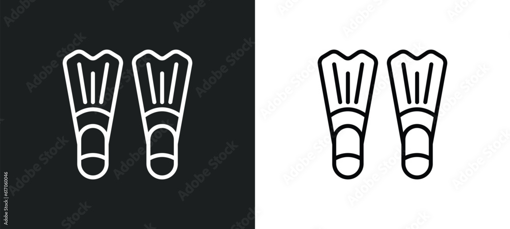 Poster fins line icon in white and black colors. fins flat vector icon from fins collection for web, mobile