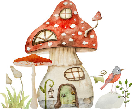 Mushroom fairytale house watercolor painting. Cartoon fly agaric amanita home with windows and birds aquarelle drawing