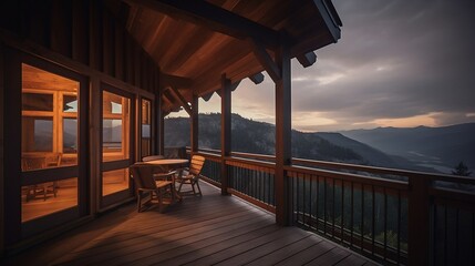 Modern porch extending from a cozy mountain cabin. Created using generative AI.