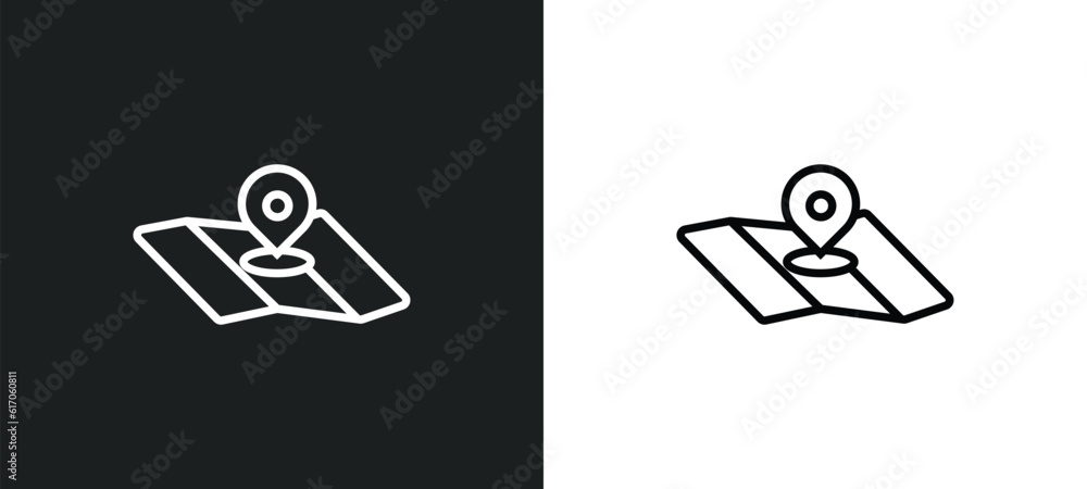 Poster maps and location line icon in white and black colors. maps and location flat vector icon from maps 