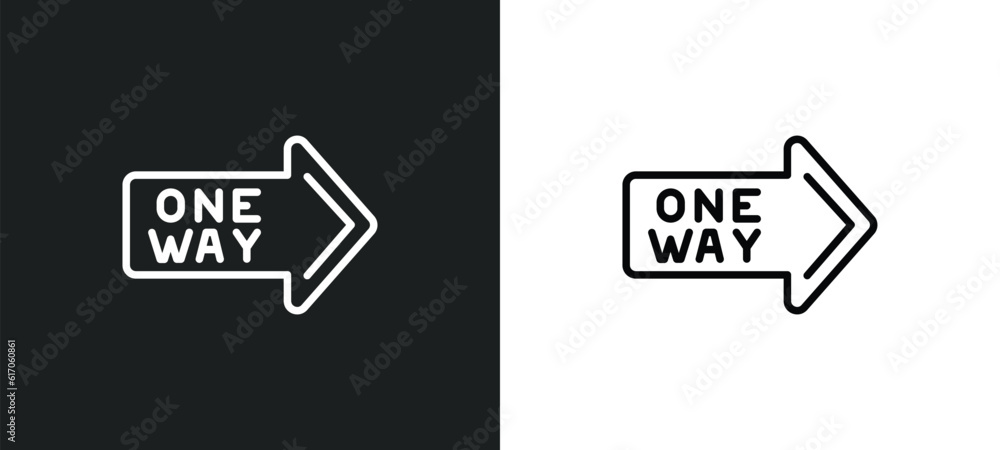 Poster one way line icon in white and black colors. one way flat vector icon from one way collection for we