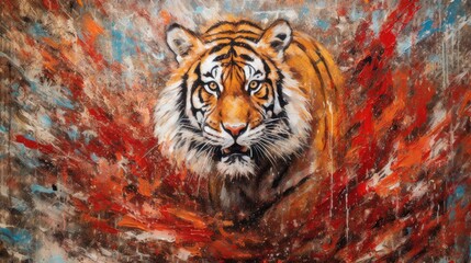 tiger  form and spirit through an abstract lens. dynamic and expressive tiger print by using bold brushstrokes, splatters, and drips of paint.  tiger raw power and untamed energy