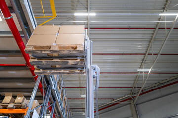 Palette mit Kartons angehoben auf Gabelstapler / Hochhubwagen beim einlagern in Warehouse 