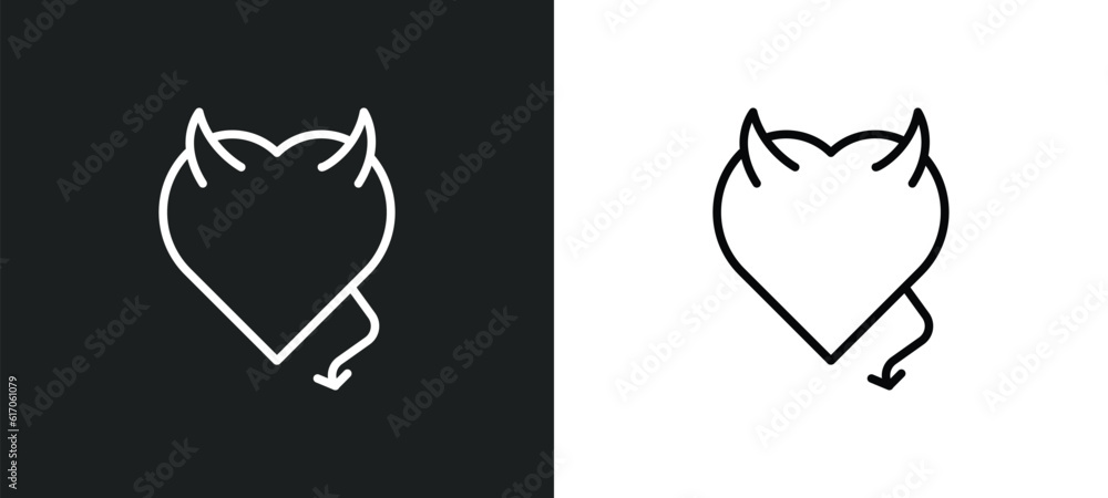 Poster devil heart with wings line icon in white and black colors. devil heart with wings flat vector icon 